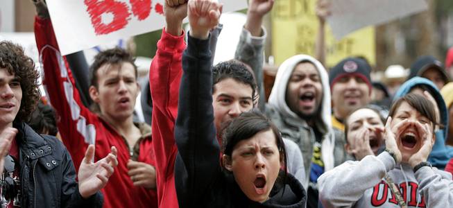 UNLV students protest about proposed budget cuts outside the Grant Sawyer Building Tuesday, Feb. 9, 2010, after staging a campus walkout.
