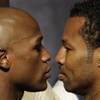 Undefeated welterweight boxer Floyd Mayweather Jr., left, and WBA welterweight champion Shane Mosley face off during an official weigh-in at the MGM Grand Garden Arena Friday April 30, 2010. The fighters will meet for a welterweight bout at the arena Saturday. 