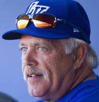 Wally Backman, right, manager of the Las Vegas 51s, watches players with athletic trainer Joseph Golia during practice at Cashman Field on Tuesday, April 1, 2014. Wally Backman, right, manager of the Las Vegas 51s, watches players with athletic trainer Joseph Golia during practice at Cashman Field on Tuesday, April 1, 2014.
