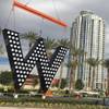 A crane lifts the new W hotel marquee sign into position for its installation at SLS, Friday, Oct. 14, 2016.