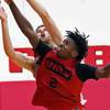 Donnie Tillman (2) goes for a lay up against Vitaliy Shibel (22) during practice at Mendenhall Center at the UNLV campus, Tuesday, Sept. 24, 2019. Donnie Tillman (2) goes for a lay up against Vitaliy Shibel (22) during practice at Mendenhall Center at the UNLV campus, Tuesday, Sept. 24, 2019.