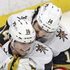 Vegas Golden Knights' Chandler Stephenson (20) celebrates his goal against the Winnipeg Jets with teammate Brett Howden (21) during the first period of Game 3 of an NHL hockey Stanley Cup first-round playoff series, Saturday, April 22, 2023, Winnipeg, Manitoba. 