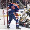 Vegas Golden Knights goalie Logan Thompson is scored on by Edmonton Oilers' Connor McDavid during the second period of an NHL hockey game in Edmonton, Alberta, on Tuesday, Nov. 28, 2023.