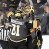 Vegas Golden Knights goaltender Logan Thompson (36) celebrates as overtime victory over the St. Louis Blues with teammates Ivan Barbashev (49), Zach Whitecloud (2) and Nicolas Roy (10) Monday, March 25, 2024, in St. Louis. 



