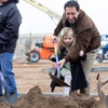 Clark County Commissioner Michael Naft and his daughter Alivia, 3, help plant a Chinese Pistache tree during an NFL Green tree-planting event at the Silverado Ranch Community Center Tuesday, Jan. 23, 2024.