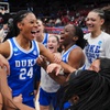 Duke guard Reigan Richardson (24) celebrates with teammates after defeating Ohio State during a second-round college basketball game in the women's NCAA Tournament, Sunday, March 24, 2024, in Columbus, Ohio.