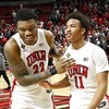 UNLV Rebels forward Karl Jones (22) and guard D.J. Thomas (11) celebrate after defeating the Boston College Eagles, 79-70, in the second round of the NIT tournament at the Thomas & Mack Center Sunday, March 24, 2024.