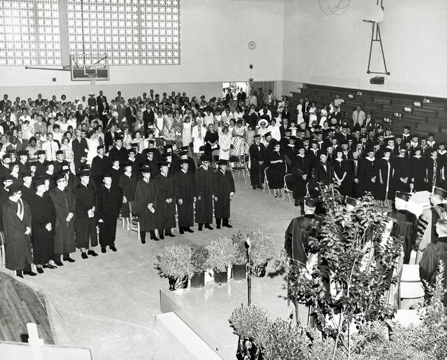 Nevada Southern University's second graduation ceremony in 1965 was held in the gym, which is now the UNLV Marjorie Barrick Museum. (UNLV Special Collections)