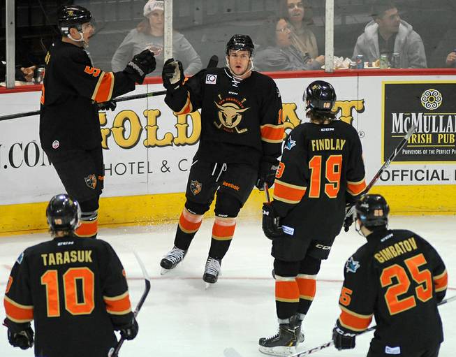 San Francisco Bulls players come together to celebrate a goal scored by Chris Crane (center) during the first period of play on Sunday afternoon at the Orleans Arena.