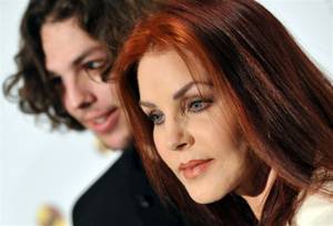 Priscilla Presley and her 23-year-old son Navarone Garibaldi on the blue carpet for the <em>Viva Elvis</em> world premiere at Aria in CityCenter on Feb. 19, 2010.