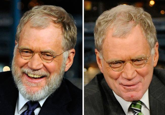 In this combination of two photos made available by CBS, David Letterman is shown on the set of "The Late Show with David Letterman"  in New York before and after shaving his beard. In the Jan. 2, 2008 file photo, left, Letterman is seen on his first night back to the show since the start of the Writers Guild of America strike. At right, Letterman is shown after having his beard shaved off on-air during the program Monday, Jan. 7, 2008. 