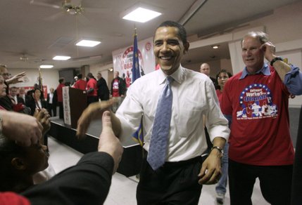 Presidential hopeful Sen. Barack Obama makes an appearance at the Culinary Workers Union Friday, Jan. 11, 2008 a day after receiving the labor organization's endorsement. Union Secretary D. Taylor is on the right.