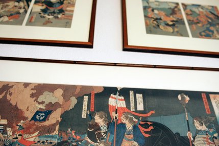 Wood block prints brought home from Japan by George Cohan, 83, a UNLV lecturer, who has traveled to 114 countries in his life. 