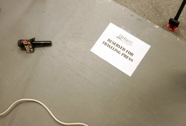 A television microphone rests on a press riser as Sen. ...