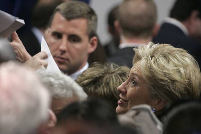 Presidential candidate Sen. Hillary Clinton works the rope line after ...