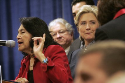 Co-founder of the United Farm Workers Dolores Huerta speaks during a rally for presidential candidate Sen. Hillary Clinton at the Sheet Metal Workers Union Saturday, Jan. 12, 2008.