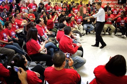 Democratic presidential hopeful Sen. Barack Obama talks to a crowd of union workers during a speech at the Culinary Union Local 226 headquarters in downtown Las Vegas Sunday, January 13, 2008.