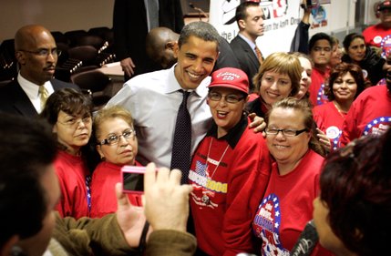 Democratic presidential hopeful Sen. Barack Obama poses with union members after a speech at the Culinary Union Local 226 headquarters in downtown Las Vegas Sunday, January 13, 2008.