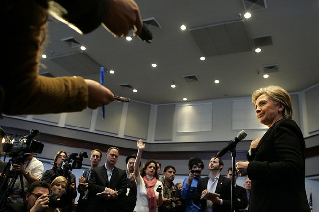 Sen. Hillary Clinton takes questions from reporters after a discussion Wednesday at UNLV about the proposed nuclear waste dump at Yucca Mountain. Clinton and her Democratic rivals all oppose it.
