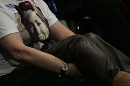 A woman wears a shirt with the image of Sen. Hillary Clinton as Clinton hosts a roundtable discussion on the proposed Yucca Mountain nuclear waste depository at UNLV on Jan. 16, 2008. Yucca Mountain is about 90 miles northwest of Las Vegas.