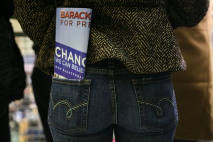 A Barack Obama supporter listens to Obama, who along with his wife, Michelle, spoke at Rancho High School on Thursday, Jan. 17, 2008.