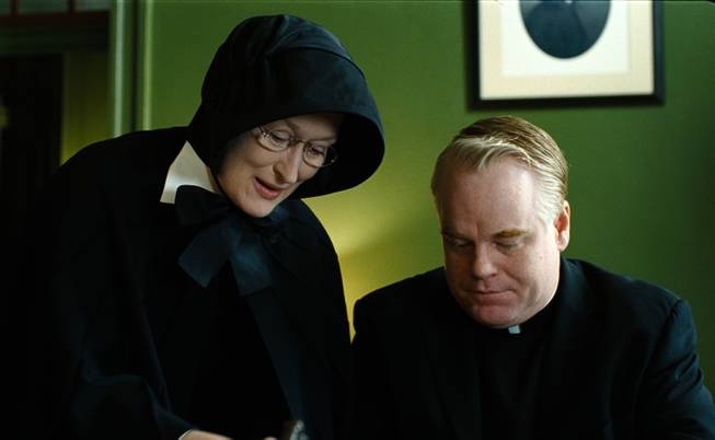 In this image released by Miramax Film Corp., Philip Seymour Hoffman portrays Father Flynn, right, and Meryl Streep portrays Sister Aloysius  in a scene from "Doubt." 