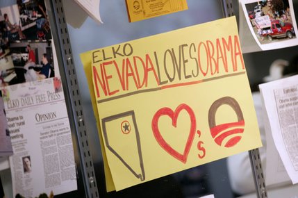 Signs and clippings hang on a wall of presidential candidate Barack Obama’s campaign headquarters in Elko last week.