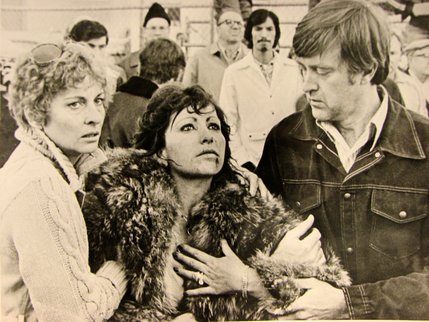 Distraught guests look on as fire engulfs the MGM hotel, Nov. 21, 1980. The fire alarm of the MGM could only be activated manually and there were no alarms located near the casino, which was where the blaze started. Guests learned of the fire either by witnessing the smoke or through word of mouth. 