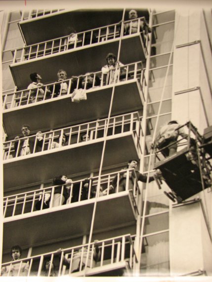 MGM guests stand on the balconies of their rooms as they await rescue. The high-rise hotel did not have
sprinklers in the rooms, leading to federal and state safety standard changes. All guests were eventually evacuated, but 87 people were killed.

