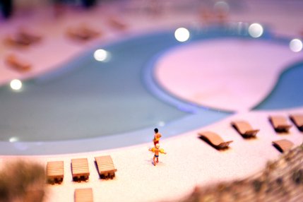The pool area in a model of the Vdara Condo Hotel, part of the CityCenter Las Vegas project.