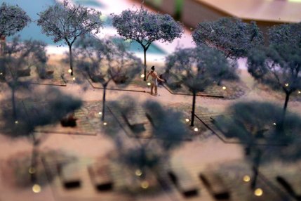 The pool area, shaded by trees, in a model of the Mandarin Oriental Las Vegas, part of the CityCenter Las Vegas project.
