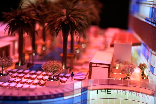 The pool area in a model of the Harmon Hotel ...