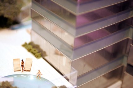 The pool area in a model of the Vdara Condo Hotel, part of the CityCenter Las Vegas project.