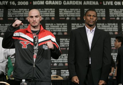 WBC middleweight champion Kelly Pavlik, left, of Ohio, and Jermain Taylor, of Arkansas, pose for photos during a news conference at the MGM Grand Wednesday February 13, 2008. Pavlik will face Taylor in a 12-round non-title rematch in the MGM Grand Garden Arena Saturday.