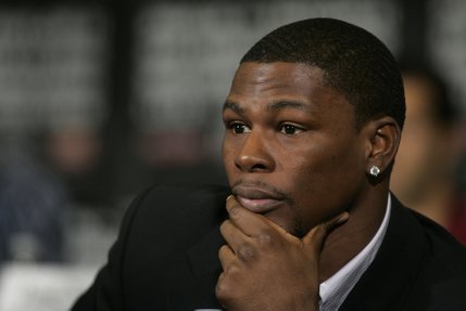 Jermain Taylor, of Arkansas, listens to speakers during a news conference at the MGM Grand Wednesday February 13, 2008. Taylor will face WBC middleweight champion Kelly Pavlik, of Ohio, in a 12-round non-title rematch in the MGM Grand Garden Arena Saturday.