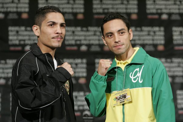 Martin Castillo, left, and WBO super flyweight champion Fernando Montiel, ...