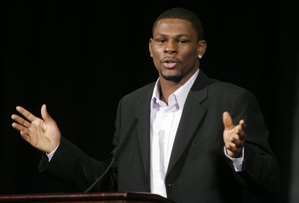 Jermain Taylor, of Arkansas, speaks during a news conference at the MGM Grand Wednesday February 13, 2008. Taylor will fight WBC middleweight champion Kelly Pavlik in a 12-round non-title rematch in the MGM Grand Garden Arena Saturday. Taylor lost the title to Pavlik last year.