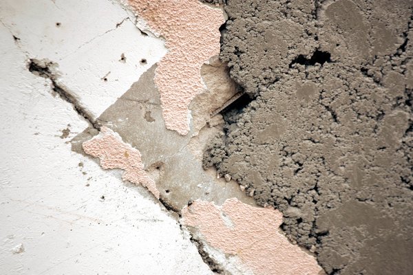 Concrete patches and pieces of old stucco on parts of ...