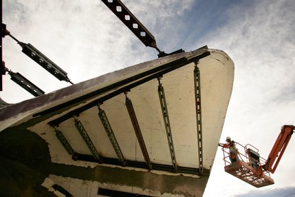 Workers from Dean Concrete work on the structure of the La Concha Motel lobby in downtown Las Vegas.