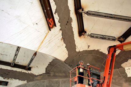 Engineer Mel Green examines the structure of the old La Concha Motel lobby.