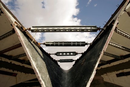 Support beams stabilize the structure of the La Concha Motel during restoration in downtown Las Vegas.