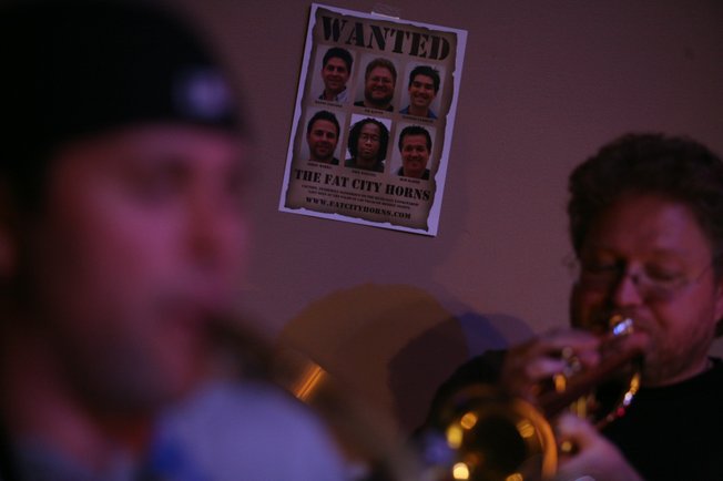 Jerry Merra, left, and Gil Kaupp play during their weekly show at the Palms. To prep for Bette Midler’s show, the Fat City Horns rehearsed for nearly two months in New York, Los Angeles and Las Vegas.