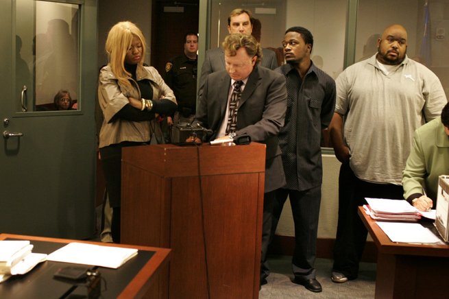 Adam “Pacman” Jones, center right, appears in court Dec. 6 with co-defendants Sadia Morrison and Robert “Big Rob” Reid, and his lawyer Robert Langford, center, before Hearing Master Kevin Williams at the Clark County Regional Justice Center.