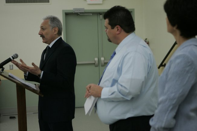 Dr. Lawrence Sands, left, Southern Nevada Health District (SNHD)  chief health officer, speaks as Brian Labus, center, SNHD senior epidemiologist, and Lisa Jones, bureau chief for the Nevada State Health Division's Bureau of Licensure and Certification, look on during a news conference at the health district Wednesday, February 27, 2008. The health district is notifying about 40,000 former patients of the Endoscopy Center of Southern Nevada that they may have been exposed to hepatitis C.