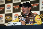 Las Vegas native Kyle Busch speaks during a news conference after winning the pole at the Las Vegas Motor Speedway February 29, 2008. Busch took the pole.