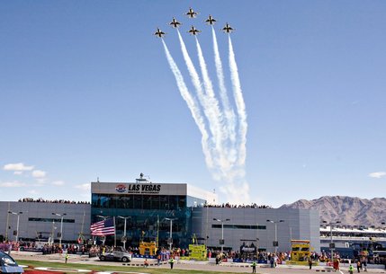 The United State Air Force Thunderbirds do a fly-over before the NASCAR UAW-Dodge 400 auto race at Las Vegas Motor Speedway.