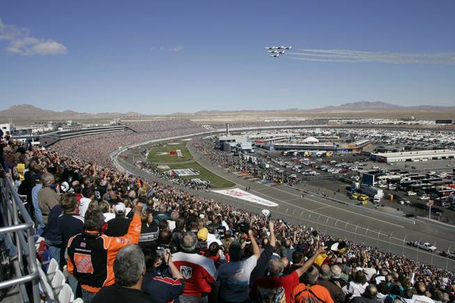 The U.S. Air Force Thunderbirds fly over the track before the NASCAR UAW-Dodge 400 auto race at Las Vegas Motor Speedway Sunday, March 2, 2008.