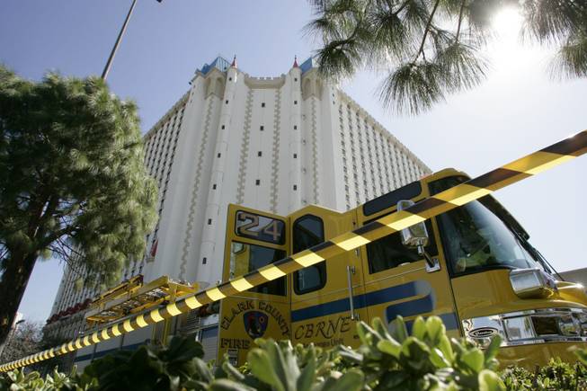A Clark County Fire truck is stationed outside the Excalibur after a guest reported a suspicious substance in a room Monday, March 4, 2008. The County's hazardous material unit and Metro Police responded but the substance was determined not to be harmful.