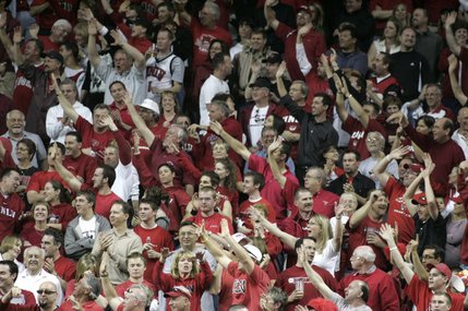UNLV fans wave goodbye to their BYU counterparts in the closing minutes of their 76-61 defeat of BYU in the Mountain West Conference championship game Saturday, March 15, 2008 at the Thomas & Mack Center.