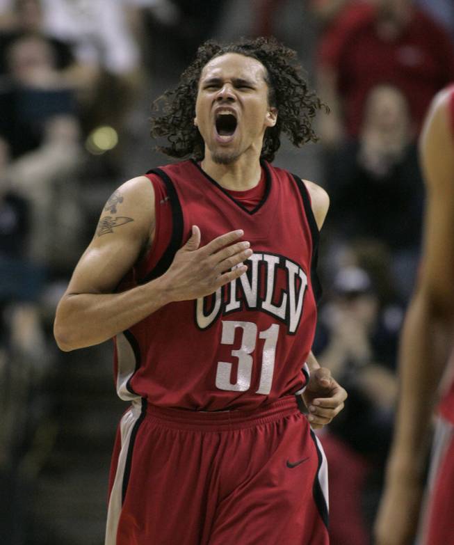 UNLV guard Curtis Terry celebrates making a three pointer during the first half of their 76-61 defeat of BYU in the Mountain West Conference championship game Saturday, March 15, 2008 at the Thomas & Mack Center.